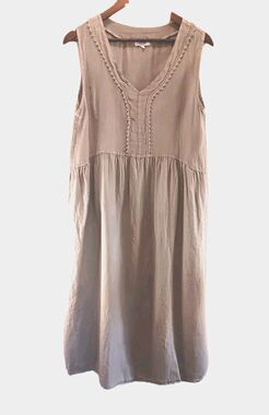 ROSEMARINE Made in Italy 100% Linen Midi Dress Taupe Lace Trim Sleeveless L
